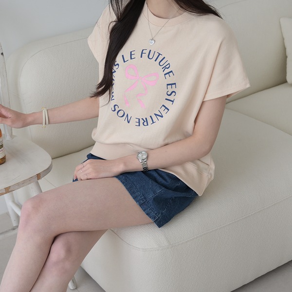 [러블리♡] 레이즌 리본 프린팅 쭈리 면 캡소매 반팔 맨투맨 티셔츠