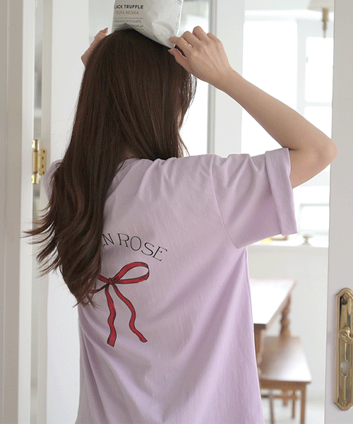 딜라이 루즈핏 여성 여름 반팔 박스티 리본 프린팅 티셔츠